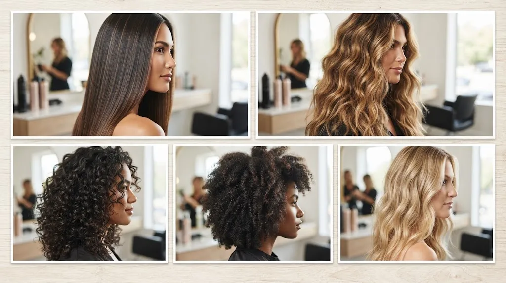 Close-up view of diverse hair textures including straight, wavy, and curly hair styled for a box cut hairstyle.