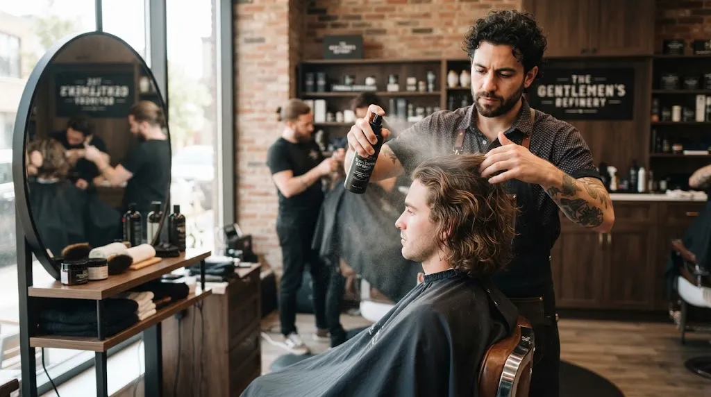 Professional barber applying heat protectant spray to a man with medium-length hair in a modern salon