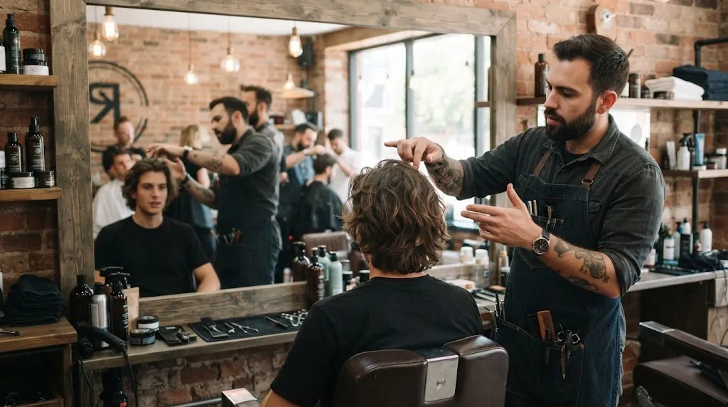 Professional barber consulting a client on why high volume haircuts make a long face look longer in a modern barbershop