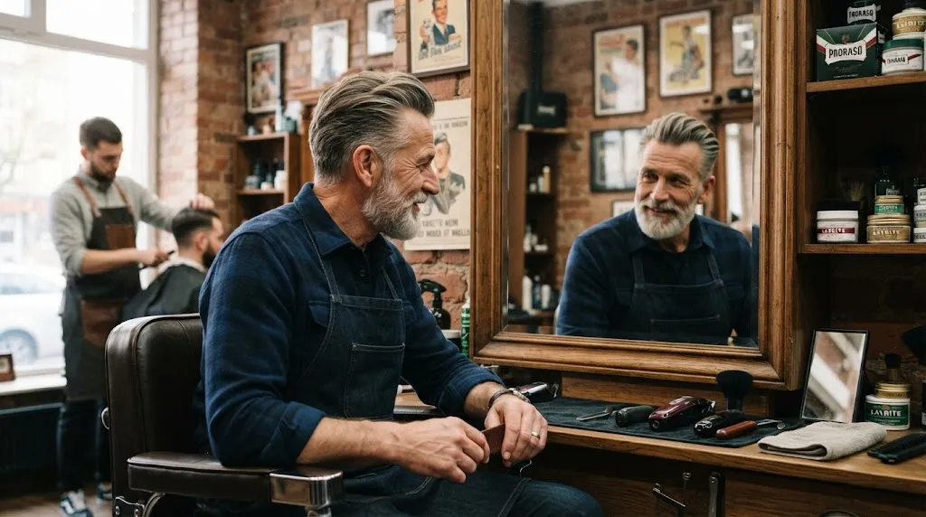 An older man with a stylish modern haircut smiling and looking in a mirror during a barber consultation, representing how to choose the right hairstyle.