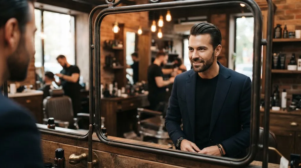 A stylish man with smooth and glossy silky hair styled with a textured crop in a modern barbershop