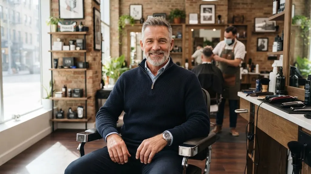An older man with a clean, low-maintenance short haircut sitting in a modern barbershop.