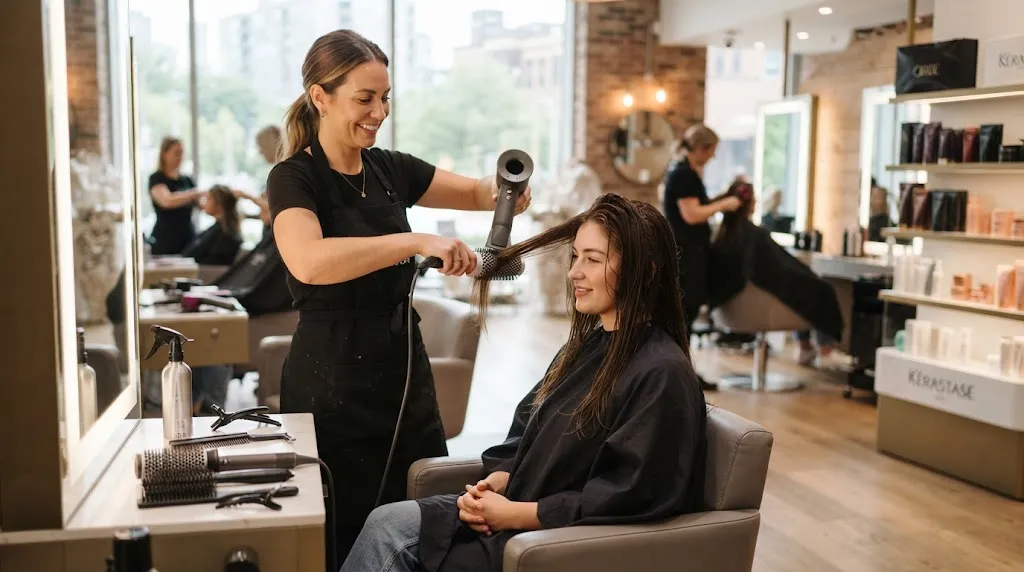 A professional hairstylist demonstrating the best way to set hair using a blow dryer and round brush in a bright modern salon