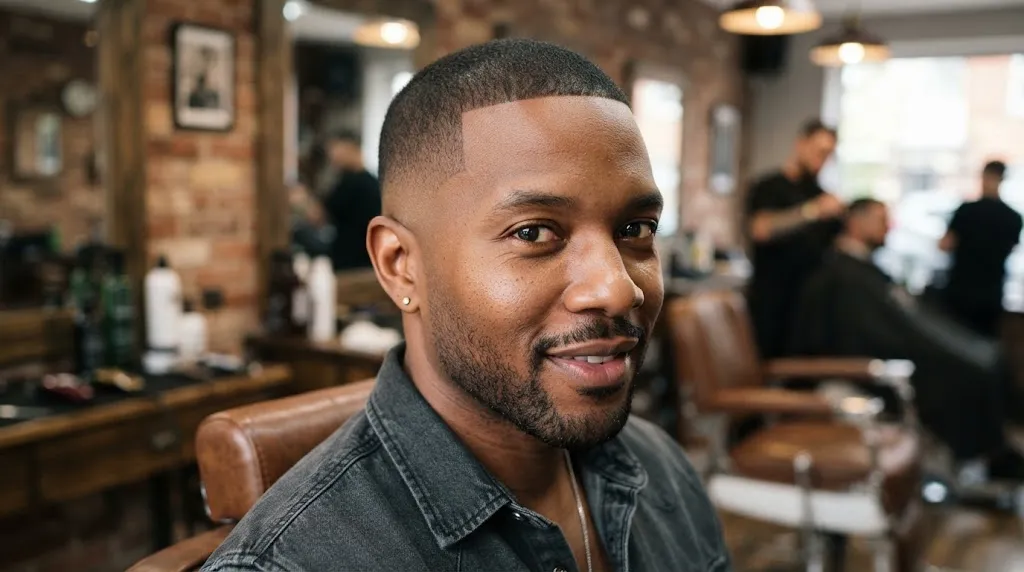 A clean and professional buzz cut hairstyle for men with a sharp, low-maintenance finish in a modern barbershop setting