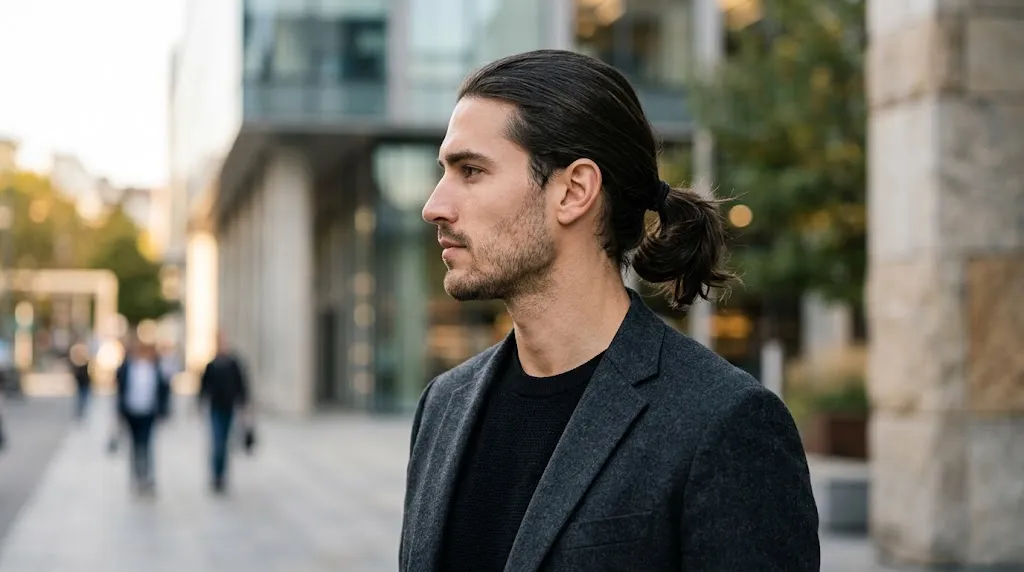 A man with medium-long dark hair styled in a casual low ponytail at the nape of the neck, side profile view.
