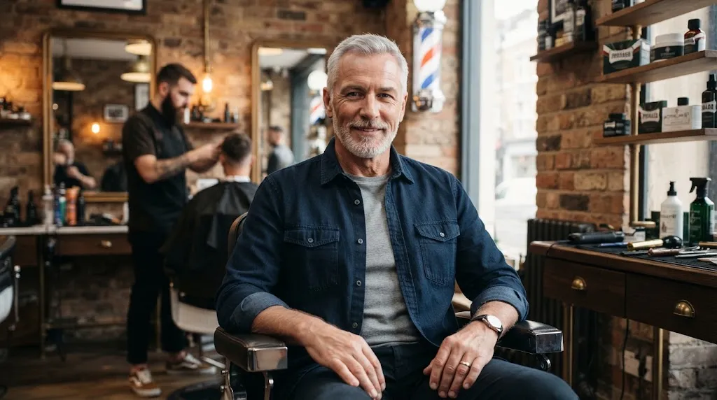 An older man with a clean and neat crew cut hairstyle sitting in a modern barbershop, representing low-maintenance haircuts for older men.