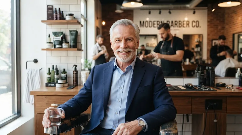 An older man with a neat and professional Ivy League haircut looking confident in a modern barbershop