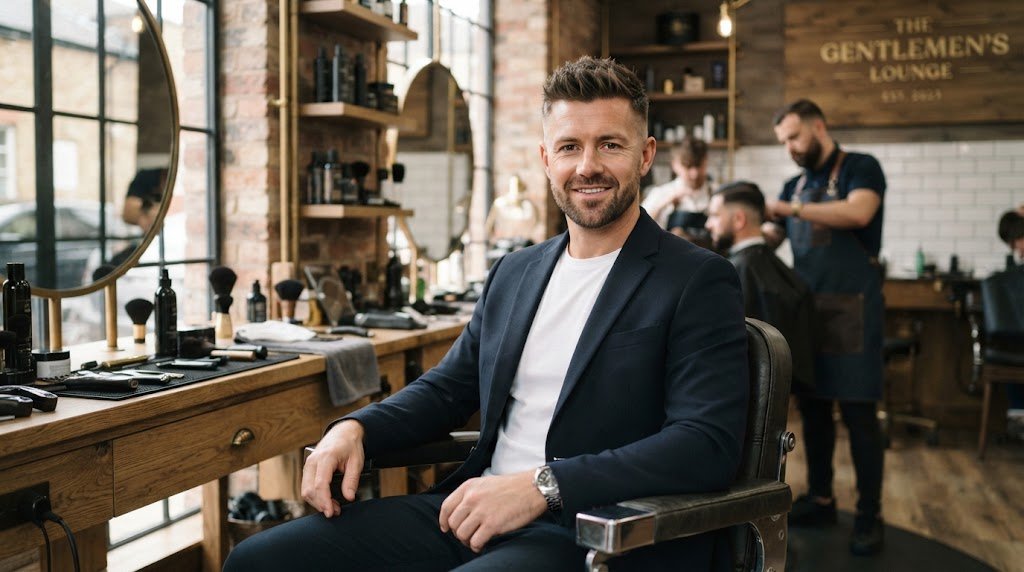 A stylish man showcasing a crew cut with a textured top designed for an oblong face shape in a modern barbershop.