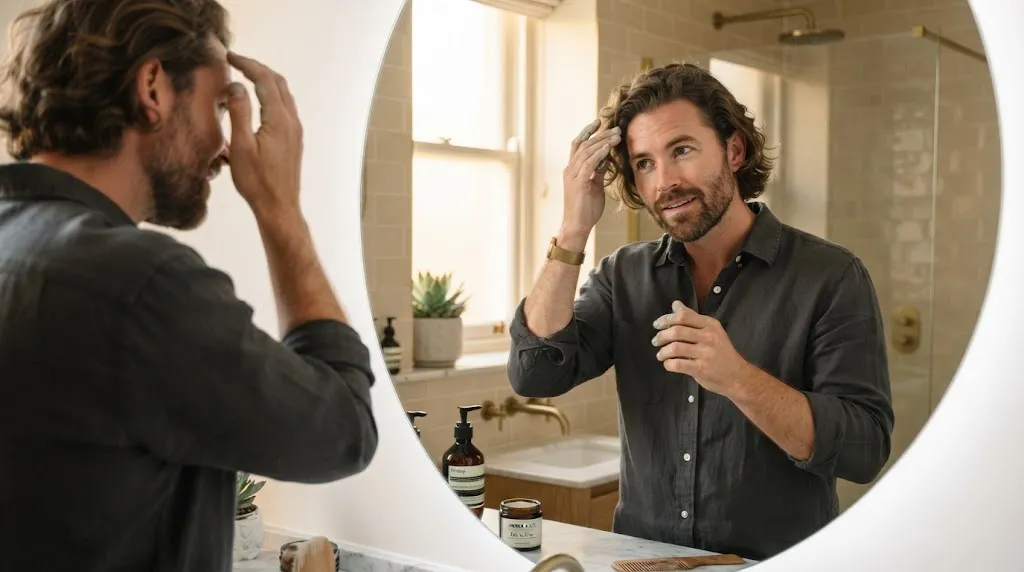 A man styling his medium-length hair with clay as part of his daily hair routine in front of a mirror