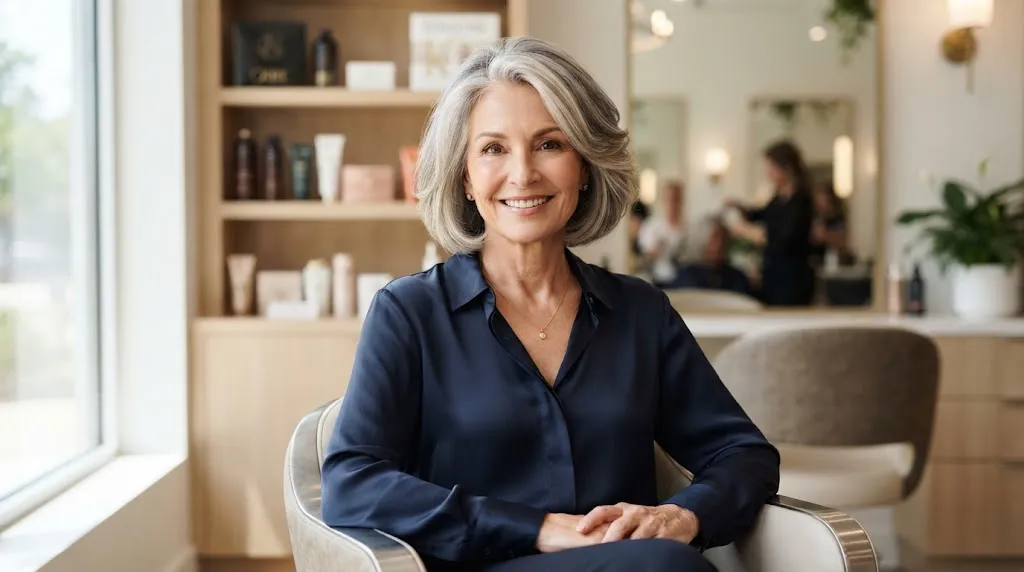 Elegant older woman with a stylish textured chin-length bob haircut showcasing volume for fine hair.