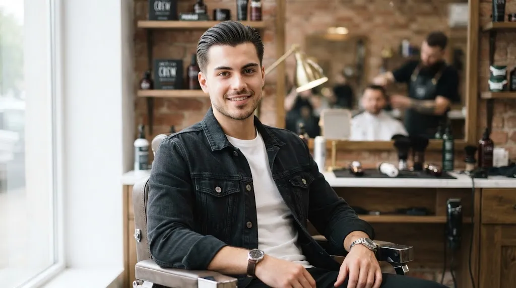 A young man with neat silky hair styled away from his forehead in a bright modern setting