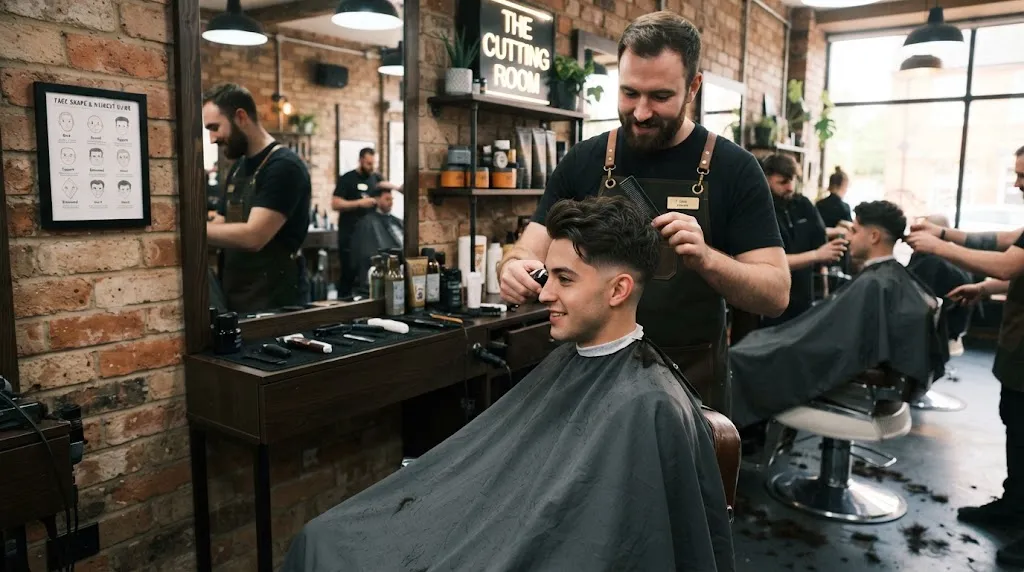 Professional barber styling a men's haircut to match face shape for silky hair