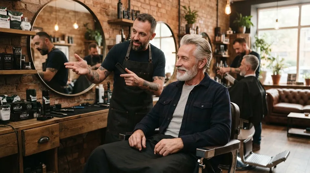 An older man with silver hair consulting a professional stylist in a barbershop to choose the right haircut