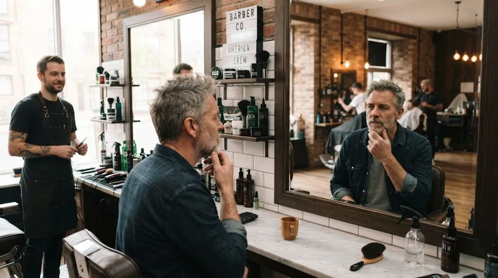 Mature man thoughtfully choosing the right haircut in a modern barbershop mirror reflection