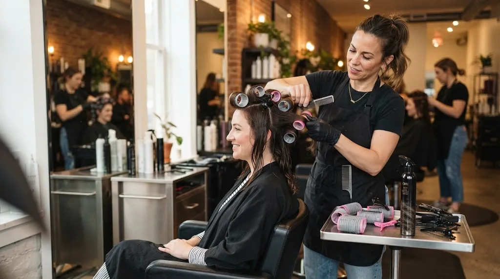 Professional hair salon setting showing a stylist setting hair for a client with professional tools and rollers to fulfill the complete step-by-step hair setting guide for men and women.