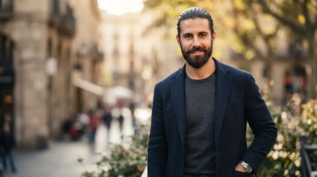 A stylish man showcasing a professional long slick back haircut with natural flow, perfect for balancing a long face shape.