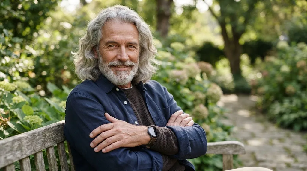 An older man with healthy, stylish long wavy silver hair outdoors, showcasing a modern long hairstyle for mature men.