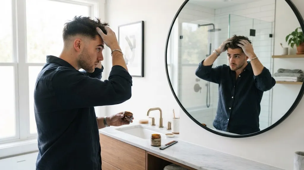 A stylish man applying styling product for all-day hair hold in a bright modern bathroom