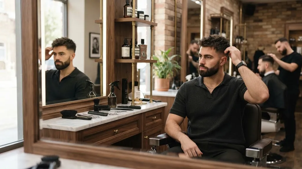 A stylish man in a modern barbershop consulting about hair types, lifestyle factors, and maintenance routines for his face shape