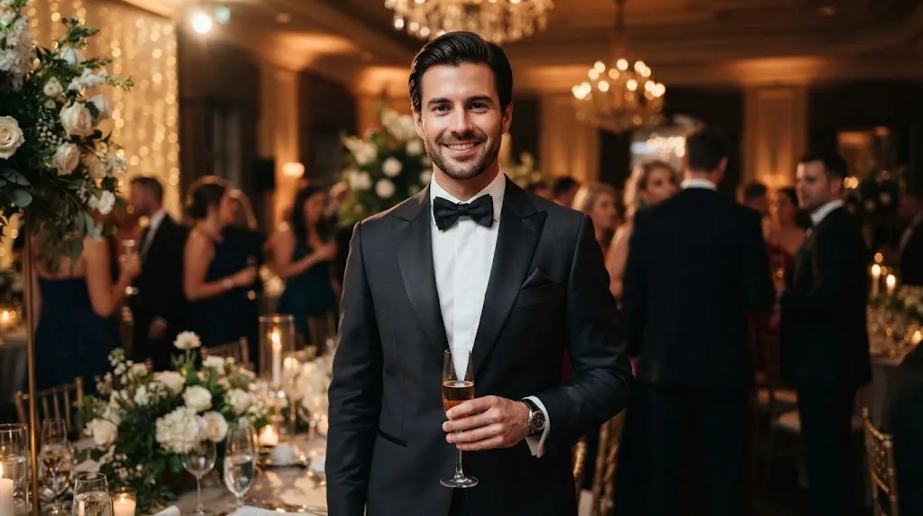 Man with smooth silky hair styled in a sharp haircut for a formal event and wedding occasion wearing a tailored suit