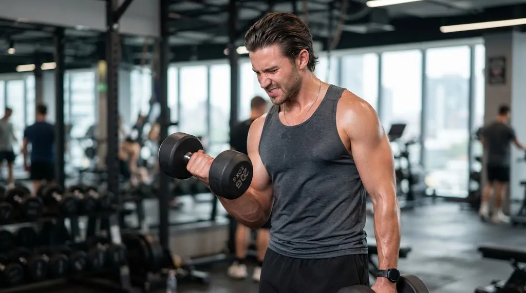 Athletic man with a stylish medium-length push-back hairstyle working out in a modern gym, showing active hair management for fitness routines.