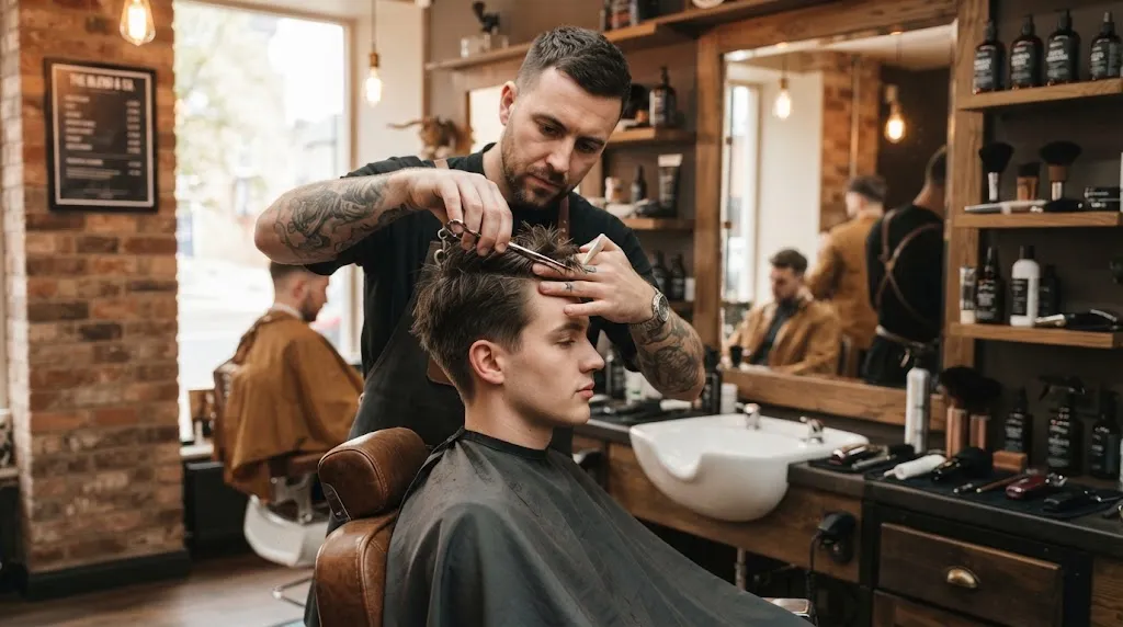 Professional barber maintaining and trimming a man's medium-length hairstyle with proper care techniques in a modern salon.