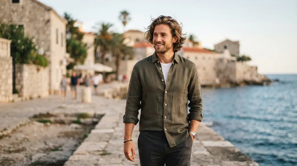 A stylish man with a medium-length bro flow hairstyle featuring natural waves swept back from his face