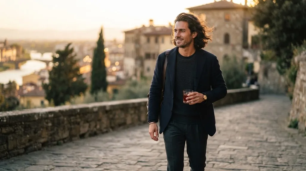 A stylish man with a classic medium-length flow hairstyle sweeping naturally back and away from his face in golden hour light