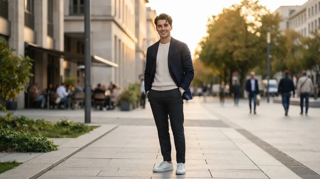 A stylish young man outdoors showcasing a trendy men's comma hairstyle and medium flow haircut