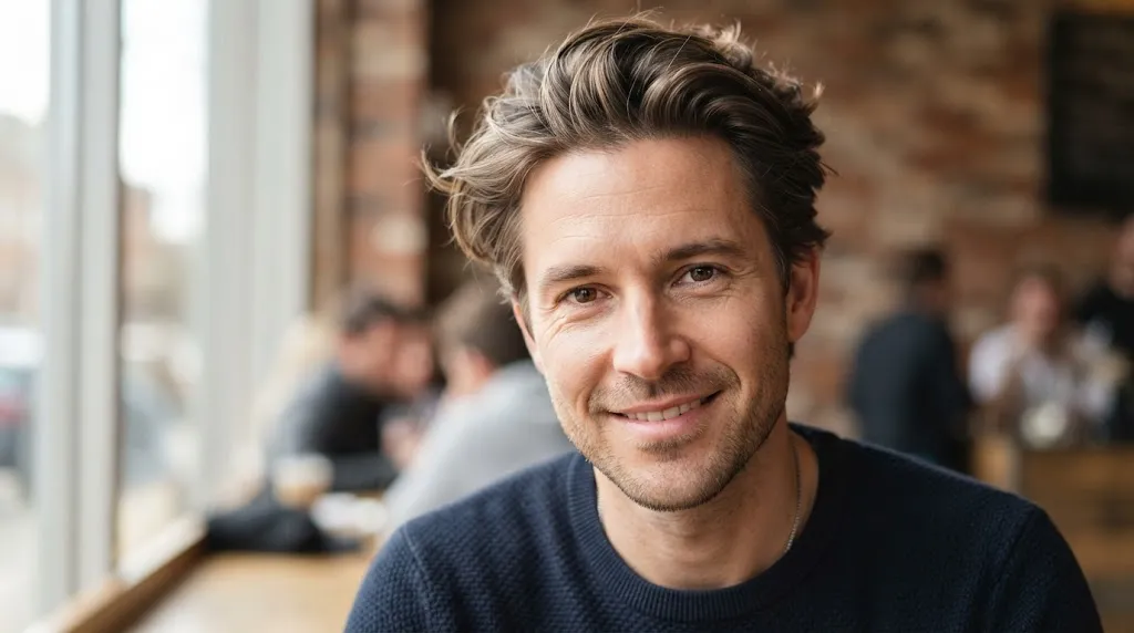 Man with medium-length flow hairstyle for thin and fine silky hair showing natural volume and texture