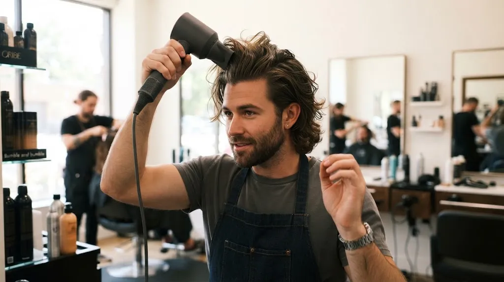 Man using a blow dryer to lift roots and add volume to a medium-length flow hairstyle