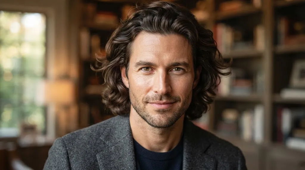 Close-up of a man with defined, wavy, silky hair styled in a natural sweeping flow hairstyle