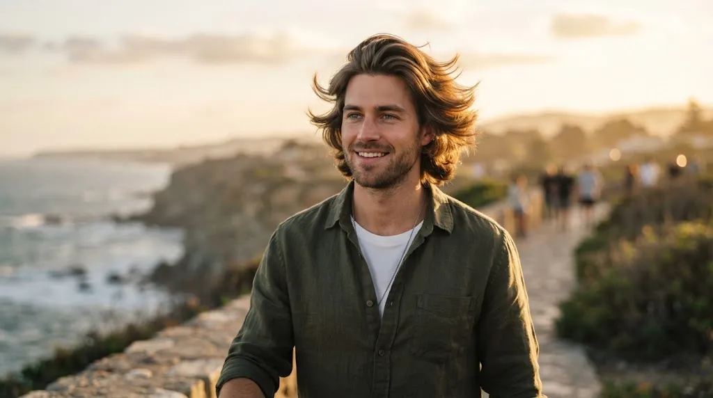 A man showcasing a men's flow hairstyle with long feathered layers sweeping naturally back and away from the face.
