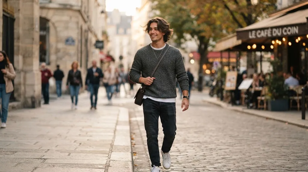 A stylish young man with a modern middle-part flow hairstyle and curtain bangs showing natural movement