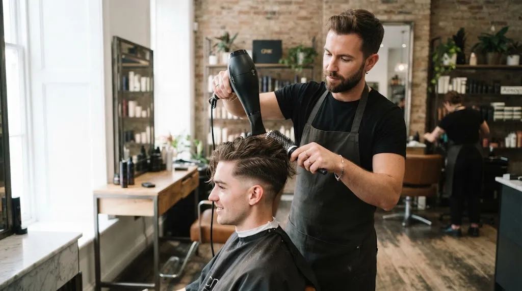 Professional stylist demonstrating proper blow-drying direction and parting technique for men's hair to create volume and texture