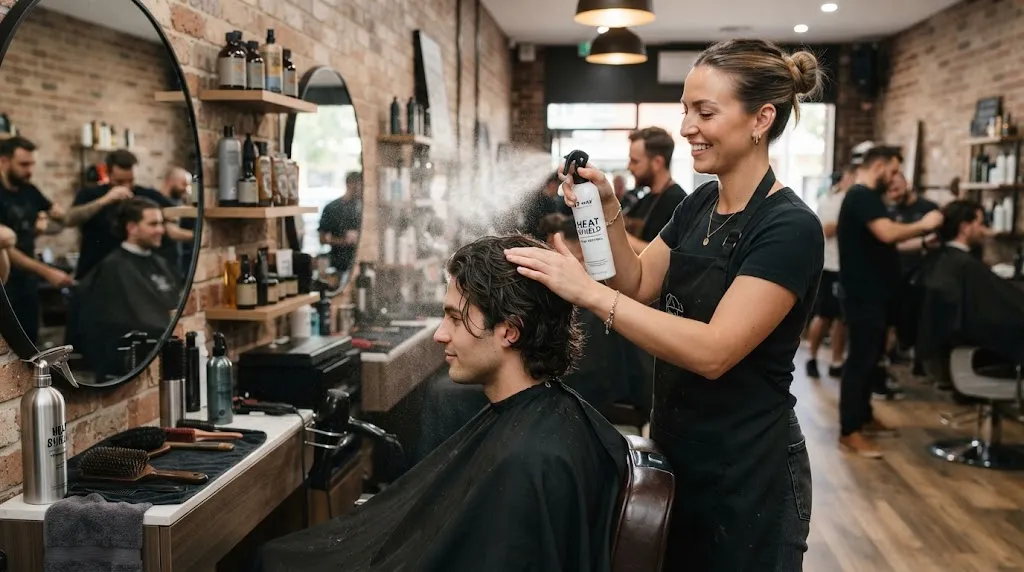 Professional stylist applying heat protectant spray to a man's flow hairstyle in a modern barbershop to prevent heat damage