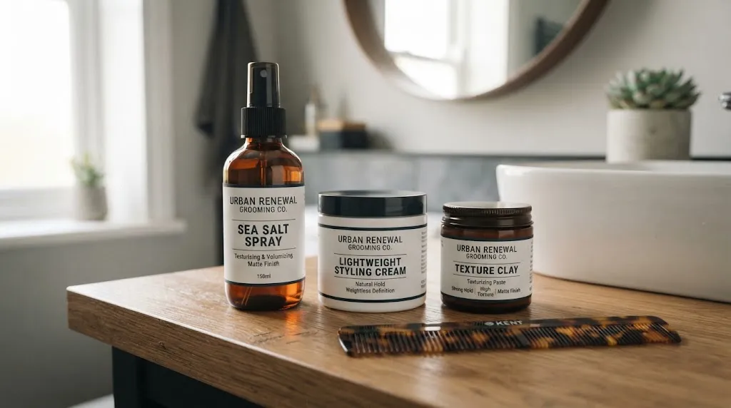 Collection of essential hair styling products including sea salt spray and styling cream for men's flow hairstyles