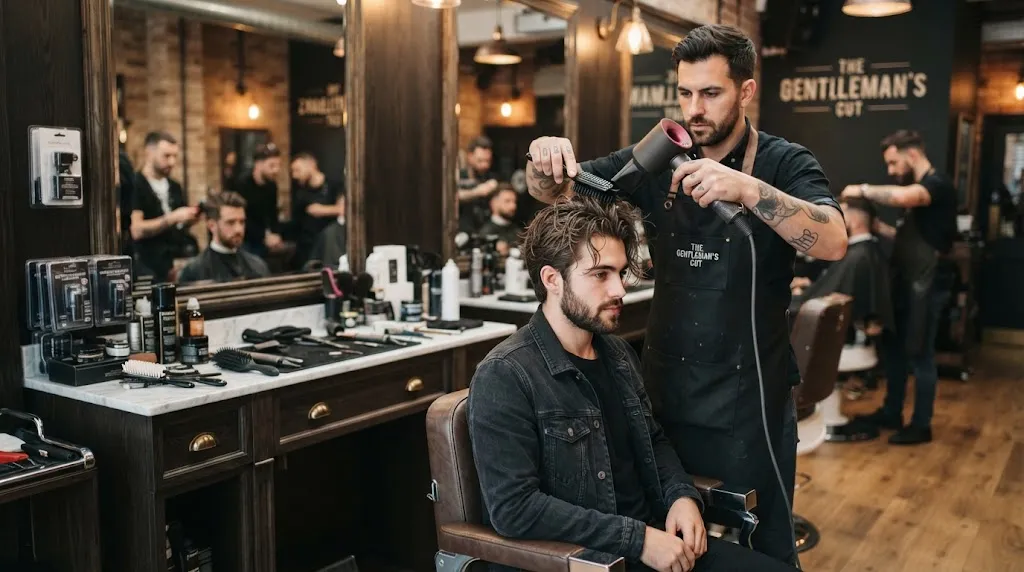 A professional barber working on a man's medium-length haircut in a modern barbershop, representing the hair growing-out timeline stages.