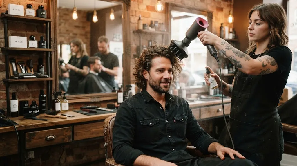 Professional stylist adding texture and volume to a man's medium-length hairstyle using a blow dryer and styling spray.