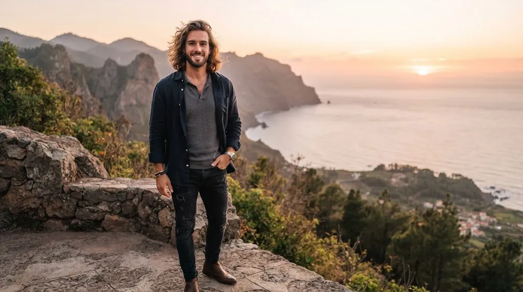 A stylish man with a shoulder-length flow hairstyle, showcasing how longer layered hair frames a long face shape naturally.