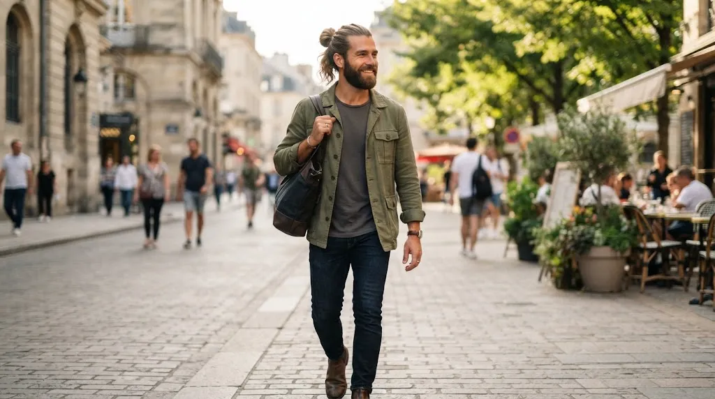 A stylish man with a well-groomed man bun and ponytail hairstyle showing a modern medium-to-long look