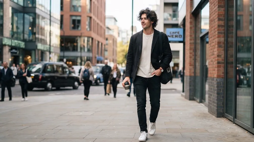 A stylish man showcasing a Tousled Shag medium-length layered hairstyle with natural movement and texture