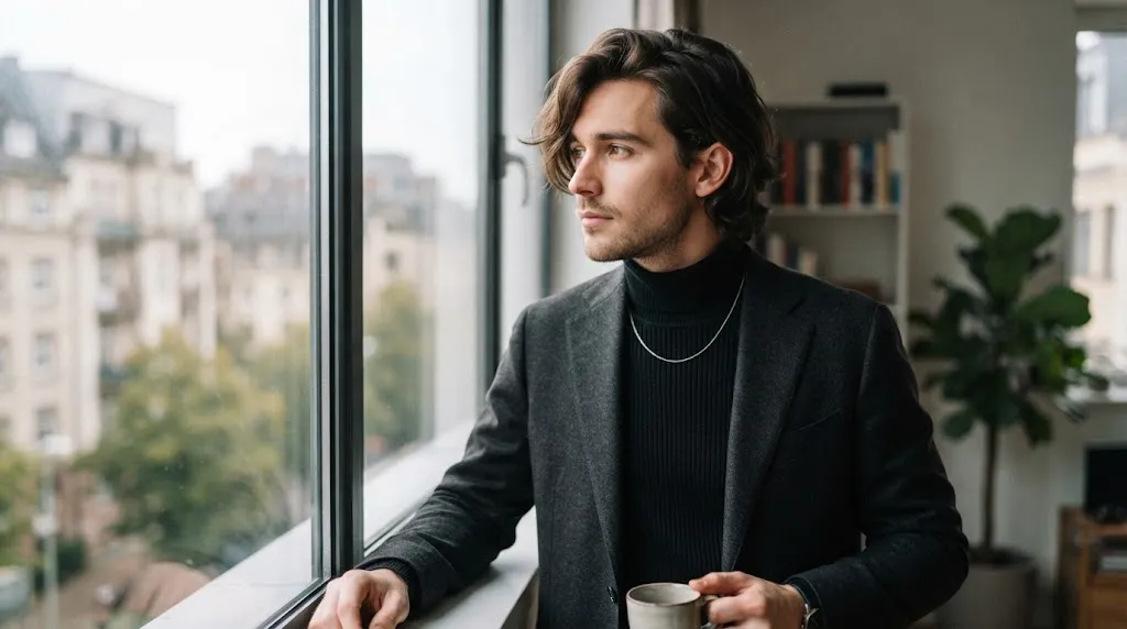A stylish man showcasing a wispy side-swept long fringe and medium-length flow hairstyle with natural texture