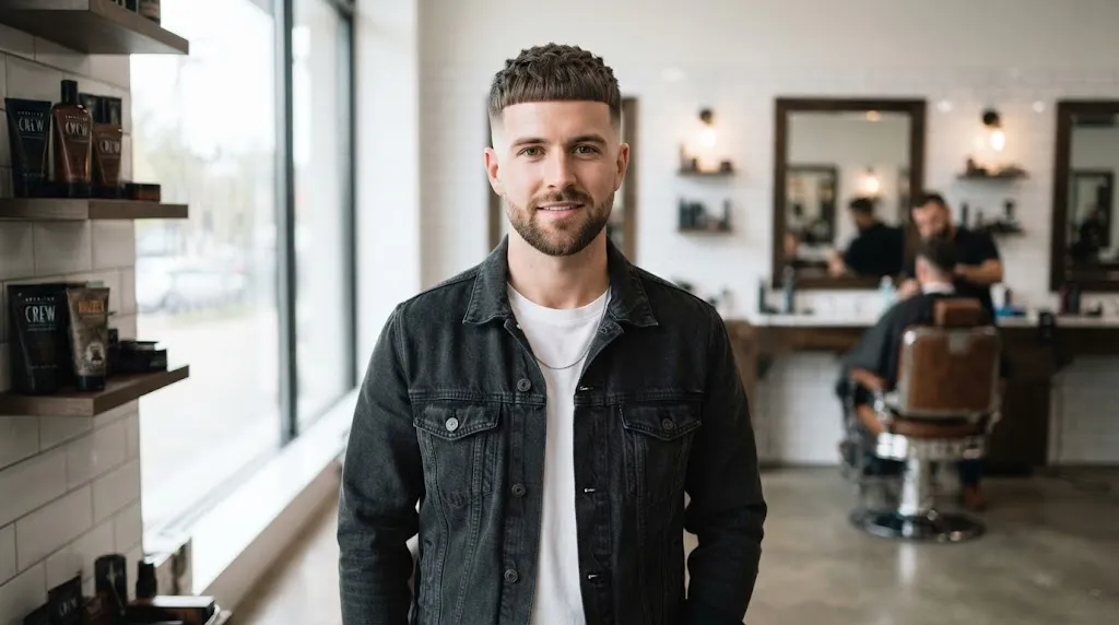 A stylish man with a modern Caesar cut and clean low taper fade, demonstrating the ideal short horizontal fringe for long face shapes.