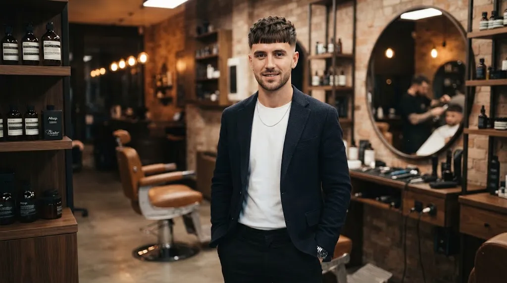 A stylish man with an oblong face wearing a textured French crop haircut with a blunt fringe and low taper fade