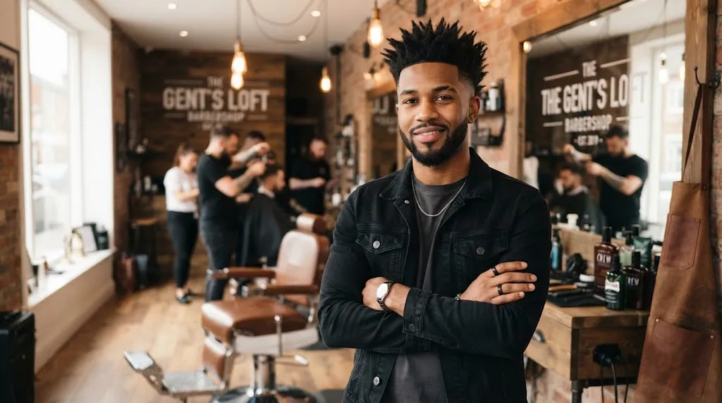 A stylish young man with a modern spiky haircut and clean fade in a professional barbershop