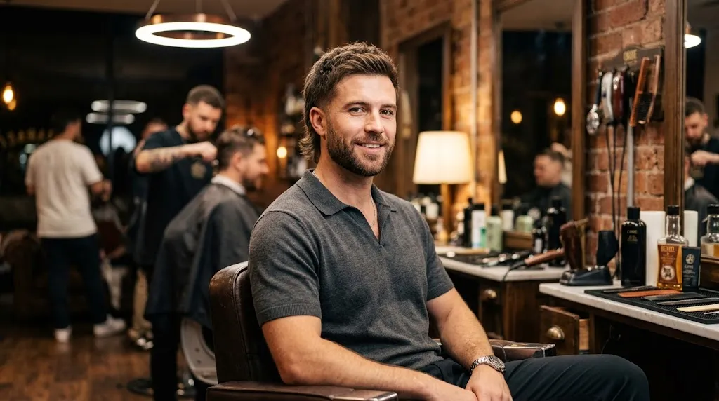 Side profile of a modern man with a modern tapered mullet haircut showing smooth side taper and medium length flowing back