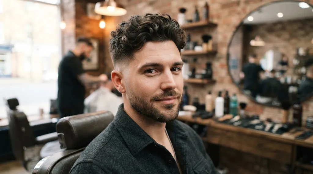 A stylish man with a textured natural wavy crop haircut and clean tapered sides in a modern barbershop
