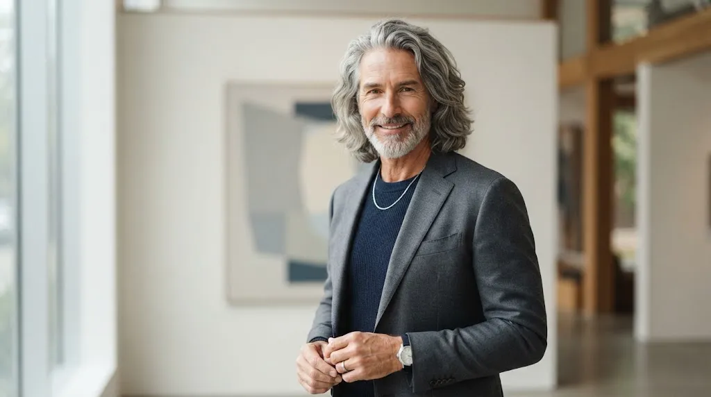 An older man with healthy, well-maintained shoulder-length grey hair showcasing a modern and natural style.
