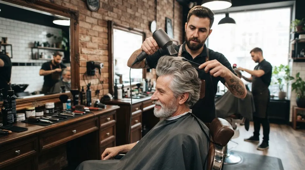 Professional barber styling thick, healthy hair for an older man in a modern barbershop